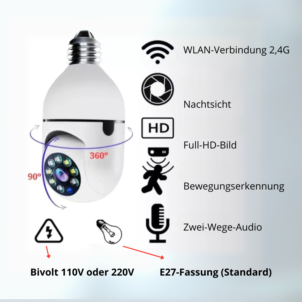 WLAN E27 Überwachungskamera mit 360° PTZ