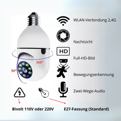 WLAN E27 Überwachungskamera mit 360° PTZ